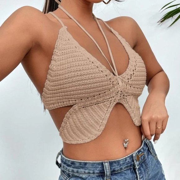 boho Tied Backless Asymmetrical Hem Knit crop Top - Picture 3 of 5